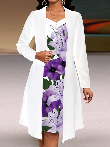 

Women Floral Spring/Fall Dress V Neck Long Sleeve A-Line Dress, White, Midi