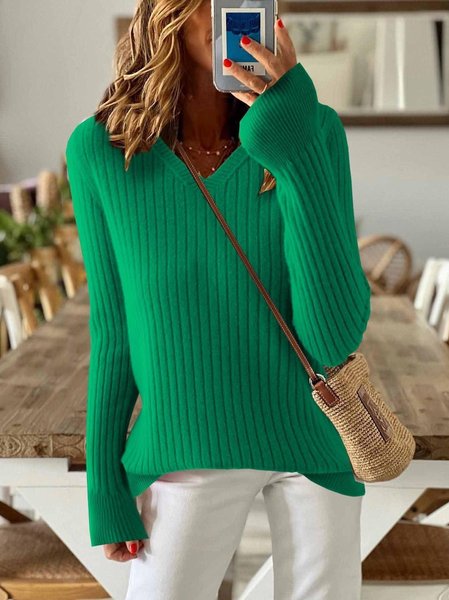 

Women's Solid Color Long-Sleeved Temperament Knitted V-Neck Inner Sweater Versatile Fashion Slim Fit, Green, Sweaters & Cardigans