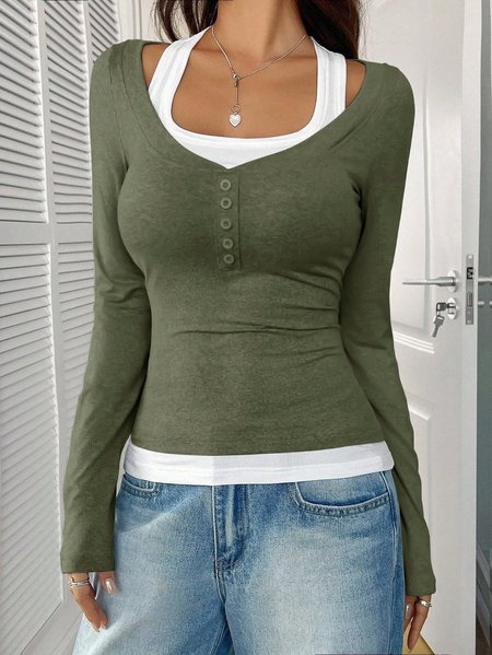 

Women Plain Square Neck Casual Long Sleeve T-shirt, Army green, Long Sleeves