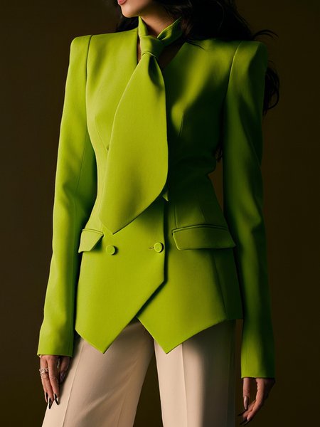 

Elegant Shoulder Pad Plain V Neck Blazer With Tie, Green, Blazers