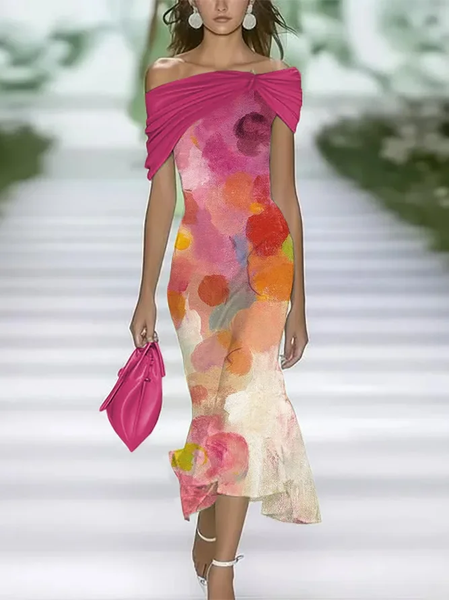 

Women Abstract Cap Sleeve Summer Printing Dress Cold Shoulder Daily Vintage Maxi H-Line Dress, Pink, Casual Dresses