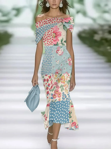 

Women Floral Cap Sleeve Summer Printing Dress Cold Shoulder Daily Vintage Maxi H-Line Dress, Blue, Casual Dresses