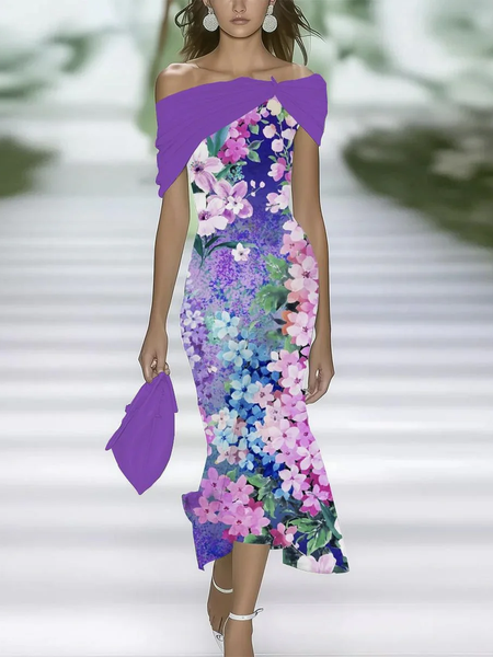 

Women Floral Cap Sleeve Summer Printing Dress Cold Shoulder Daily Vintage Maxi H-Line Dress, Purple, Casual Dresses