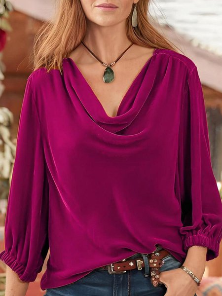 

Casual Plain V Neck Long Sleeve T-shirt, Deep pink, T-shirts