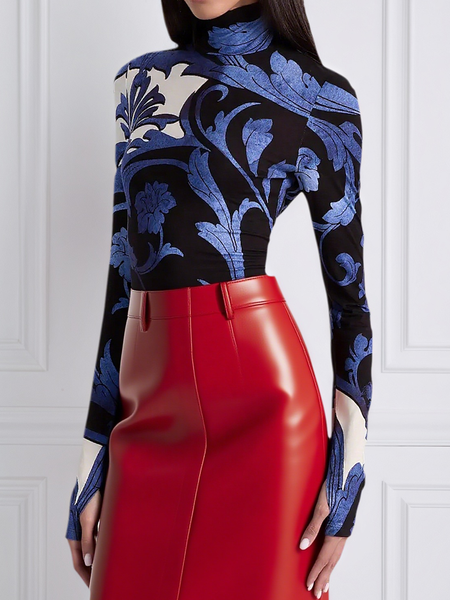 

Urban Floral Printing Turtleneck T-shirt, As picture, Tees