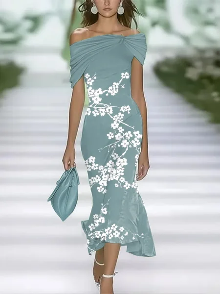 

Women Floral Cap Sleeve Summer Printing Dress Cold Shoulder Daily Vintage Maxi H-Line Dress, Cyan, Casual Dresses