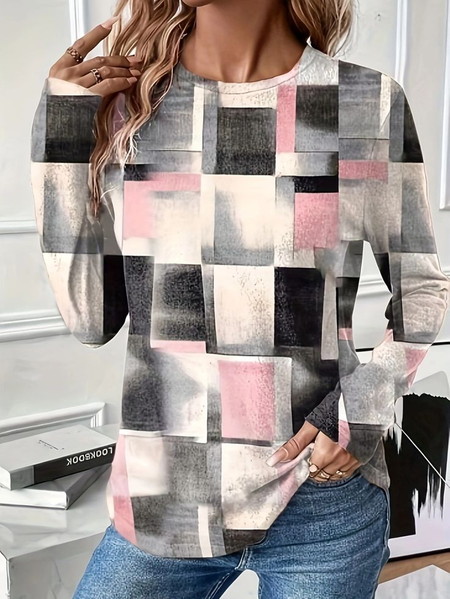 

Women Abstract Long Sleeve Tee T-shirt Crew Neck Printing Casual Spring/Fall Graphic Tee Top, Pink-gray, T-Shirts