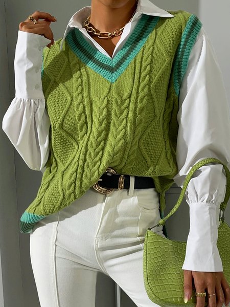 

Yarn/Wool Yarn Casual Color Block Sweater, Green, Pullovers