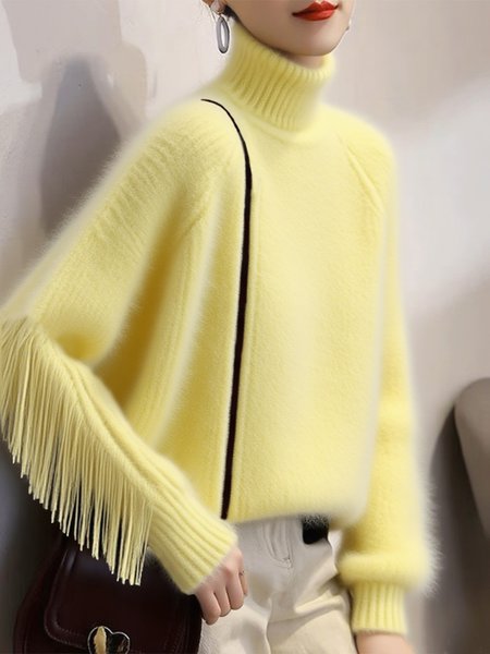 

Casual Plain Tassel Turtleneck Sweater, Yellow, Pullovers
