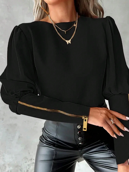 

Urban Plain Zipper Crew Neck Puff Sleeve Blouse, Black, Blouses and Shirts