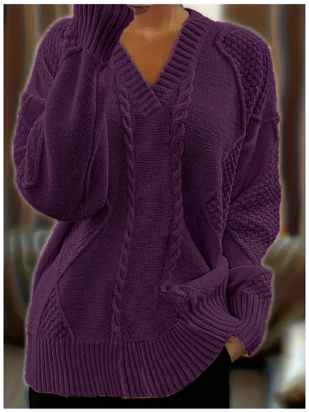 

V Neck Casual Sweater, Purple, Sweaters & Cardigans
