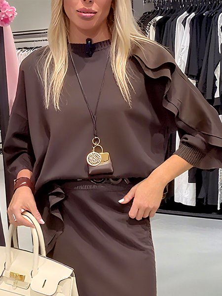 Casual Plain Peplum Crew Neck Raglan Sleeve Sweatshirt