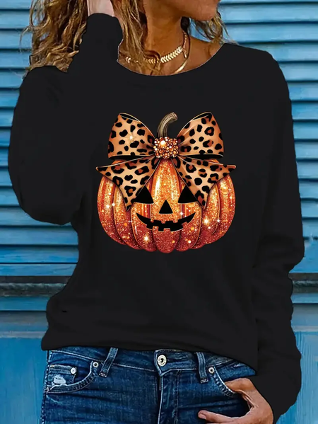 

Women Halloween (pumpkin) Long Sleeve Tee T-shirt Crew Neck Printing Casual Spring/Fall Graphic Tee Top, Black, T-Shirts