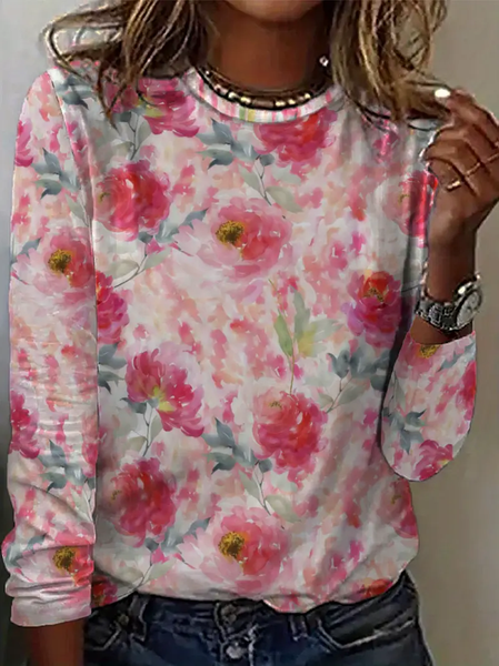 

Women Floral Long Sleeve Tee T-shirt Crew Neck Printing Casual Spring/Fall Graphic Tee Top, Pink, T-Shirts