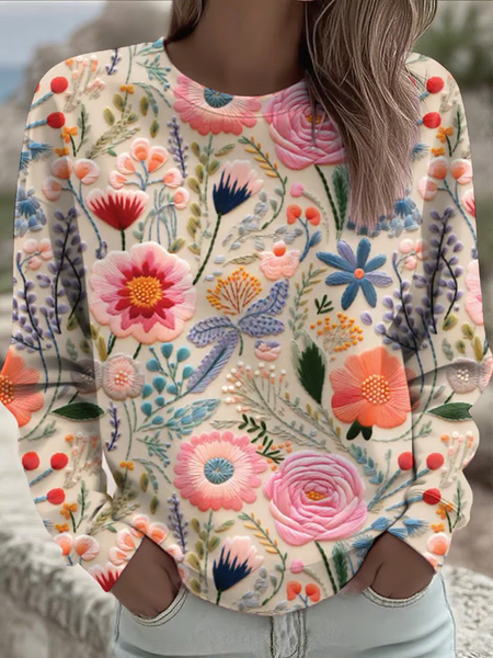 

Women Floral Crew Neck Printing Casual Spring/Fall Long Sleeve Sweatshirt, Apricot, Sweatshirts & Hoodies