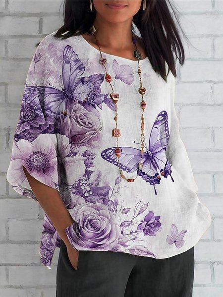 

Crew Neck Half Sleeve Floral Regular Regular Fit Blouse For Women, As picture, Blouses
