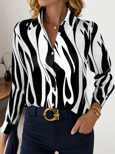 

Women Abstract Long Sleeve Shirt Spring/Fall Buckle Shirt Collar Regular Sleeve Daily Casual Top, Black-white, Shirts