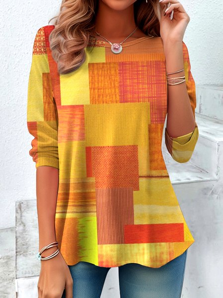 

Casual Geometric Crew Neck Long Sleeve T-shirt, Orange, T-shirts