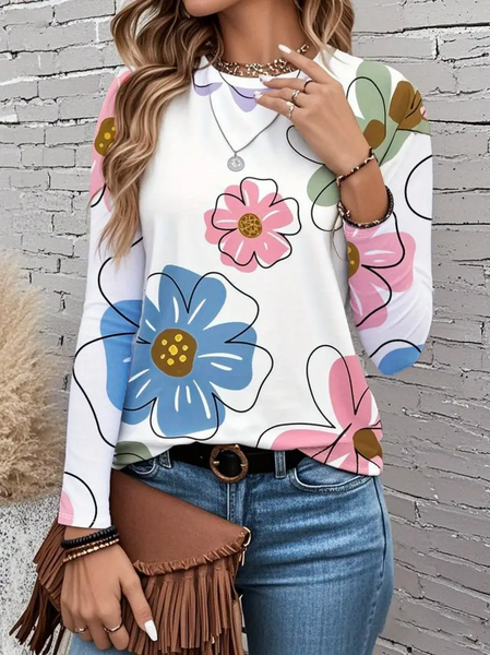 

Women Floral Long Sleeve Tee T-shirt Crew Neck Printing Casual Spring/Fall Graphic Tee Top, White, T-Shirts