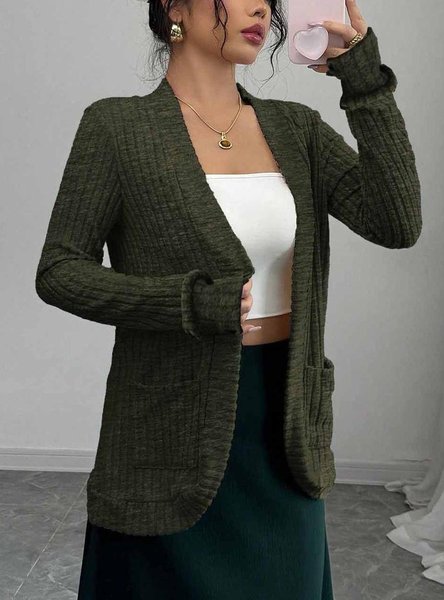 

Women's Solid Color Cardigan Ribbed Brushed Stitching Long-Sleeved Jacket, Green, Sweaters & Cardigans