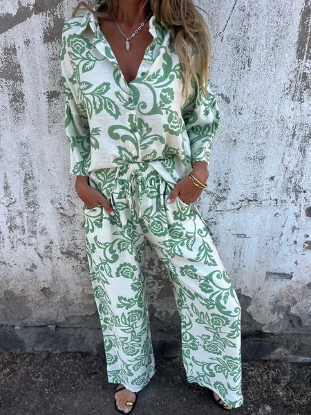 

Women Floral Printing Two-Piece Set Daily Three Quarter Sleeve Casual Spring/Fall Top With Pants Matching Set, Green, Suit Set