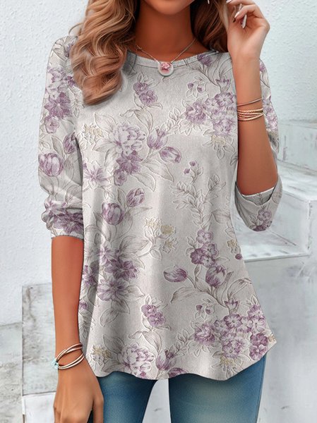 

Casual Floral Crew Neck Long Sleeve T-shirt, Pink, T-shirts