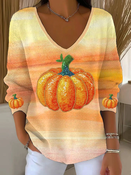 

Women Halloween (pumpkin) Long Sleeve Tee T-shirt V Neck Printing Casual Spring/Fall Top, Orange, T-Shirts