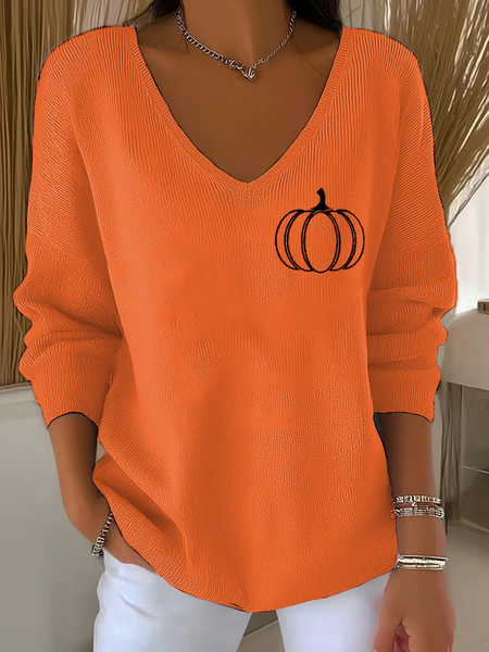 

Women Halloween (pumpkin) Long Sleeve Tee T-shirt V Neck Printing Casual Spring/Fall Top, Orange, T-Shirts