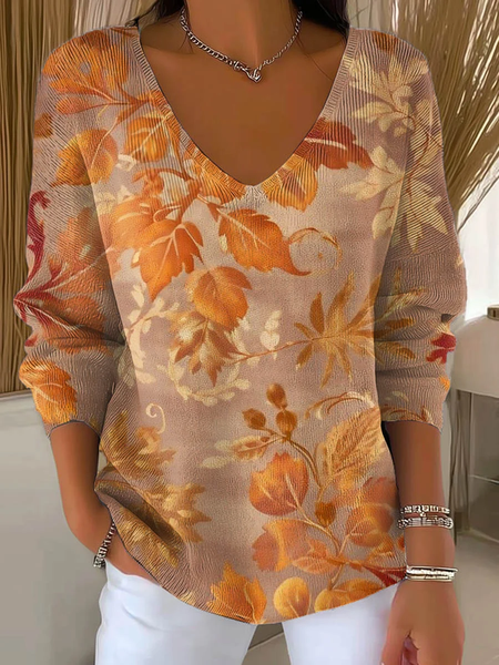 

Women Maple Leaf Long Sleeve Tee T-shirt V Neck Printing Casual Spring/Fall Top, Orange, T-Shirts