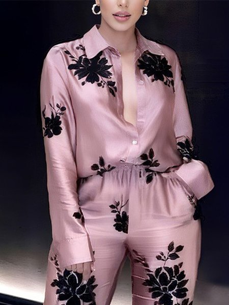 

Plus Size Urban Floral Printing Shirt Collar Regular Sleeve Shirt, Pink, Plus Tops