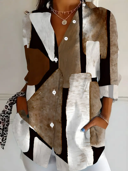 

Women Abstract Long Sleeve Shirt Spring/Fall Buckle Shirt Collar Regular Sleeve Daily Casual Top, Brown, Shirts