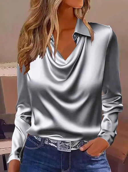 

Cowl Neck Long Sleeve Plain Regular Regular Fit Shirt For Women, Gray, Shirts
