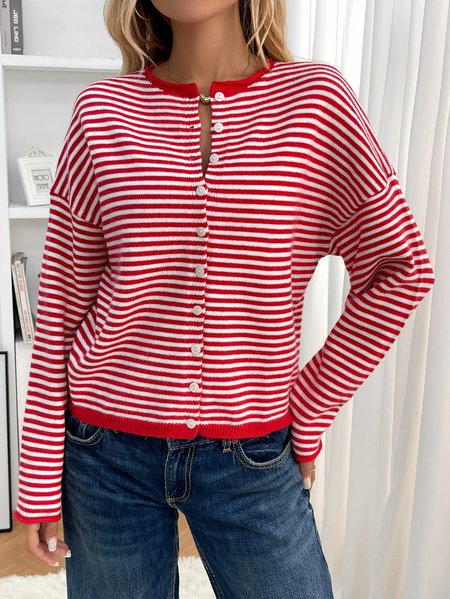

Women Cotton Striped Long Sleeve Comfy Casual Cardigan, Red, Sweaters