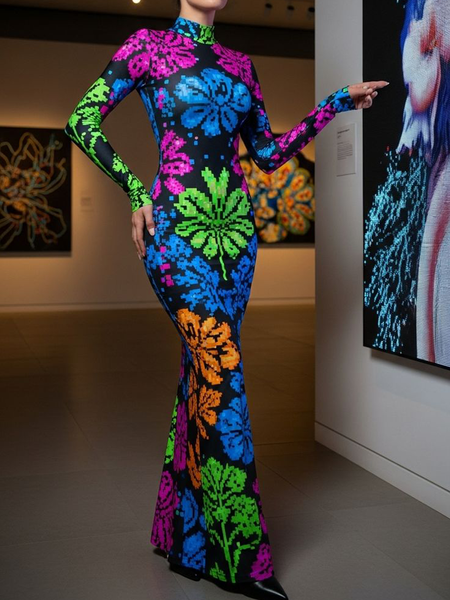 

Elegant Floral Printing Stand Collar Maxi Dress, As picture, Maxi Dresses