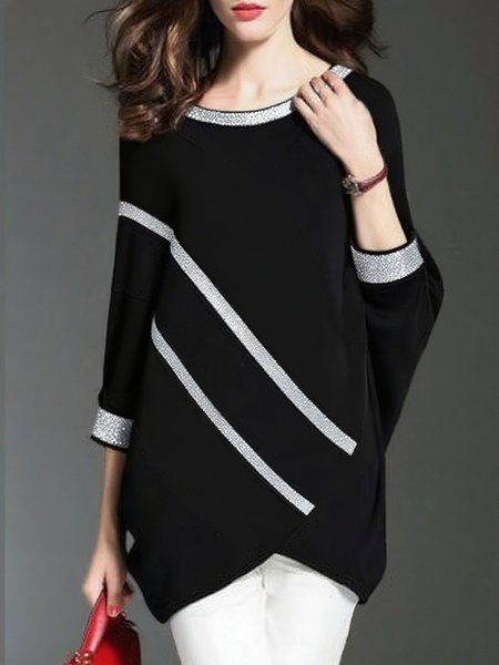

Casual Plain Binding Crew Neck Raglan Sleeves Blouse, Black-white, Blouses and Shirts