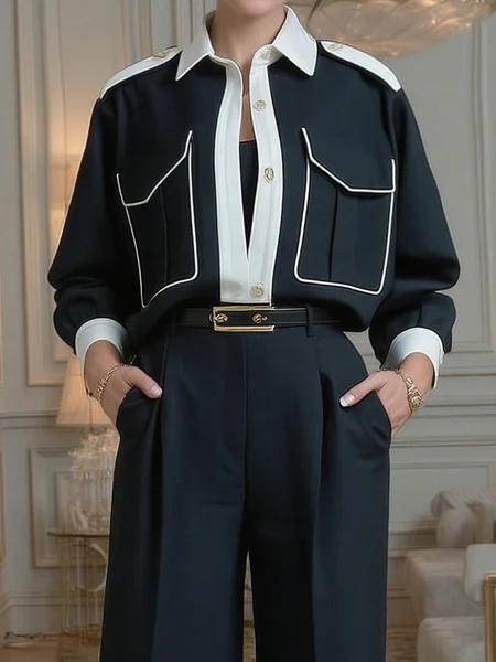 

Urban Color Block Shirt Collar Shirt, As picture, Blouses and Shirts