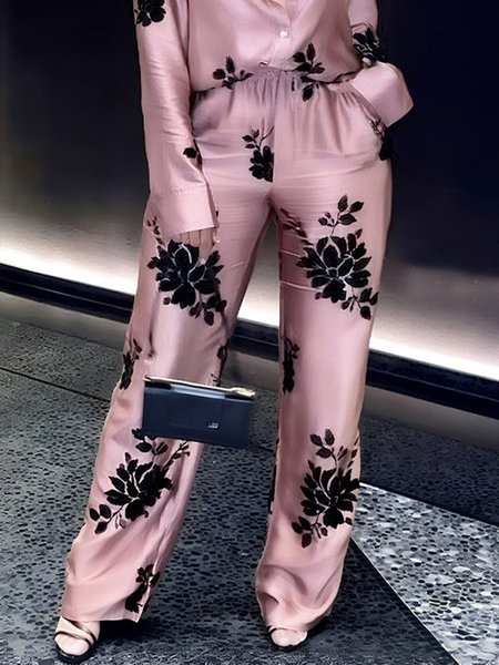 

Plus Size Urban Floral Printing Straight Pants, Pink, Plus Pants