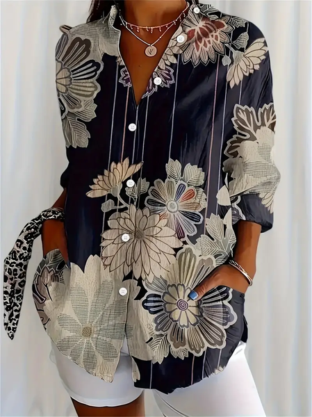 

Women Floral Long Sleeve Shirt Spring/Fall Buckle Shirt Collar Regular Sleeve Daily Casual Top, Black, Shirts