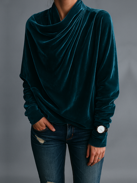 

Velvet Casual Plain Irregular Craftsmanship Blouse, As picture, Blouses and Shirts