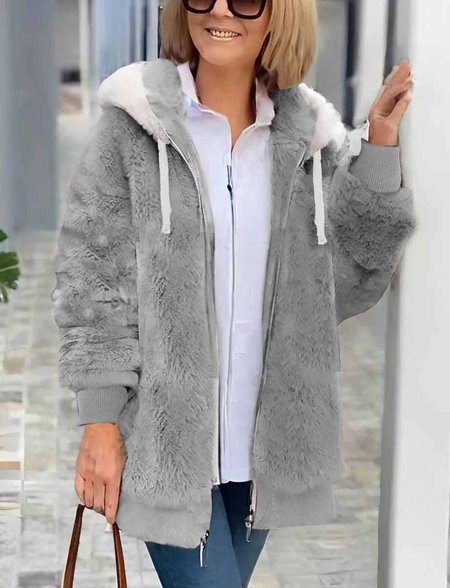 

Women's autumn and winter warm plush patchwork zipper pocket hooded loose thick coat, Light gray, Outerwear