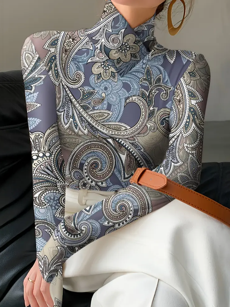 

Women Paisley Long Sleeve Blouse Spring/Fall Printing Daily Casual Top, Blue, Blouses