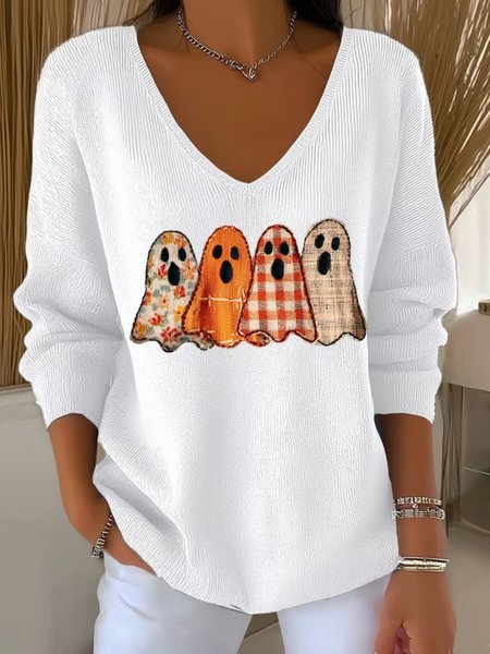 

Women Cotton Halloween Cute Ghost Print Long Sleeve Comfy Casual Sweater, White, Sweaters