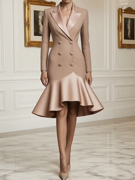 Elegant Plain Lapel Collar Midi Dress
