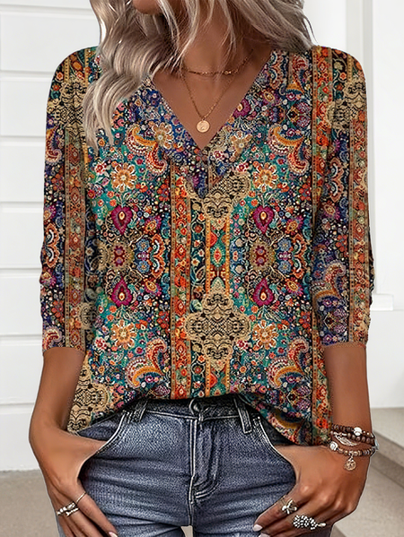 

Women Nationality/ethnic Long Sleeve Tee T-shirt V Neck Casual Spring/Fall Top, As picture, T-Shirts