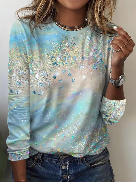 

Vintage Geometric Crew Neck Long Sleeve T-shirt, As picture, T-shirts
