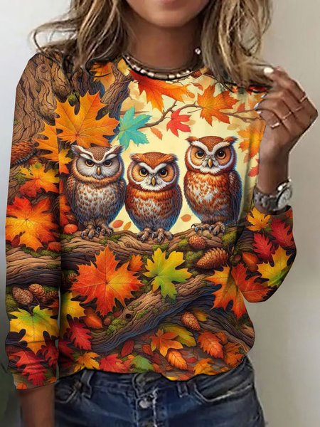 

Vintage Floral Crew Neck Long Sleeve T-shirt, Orange, T-shirts