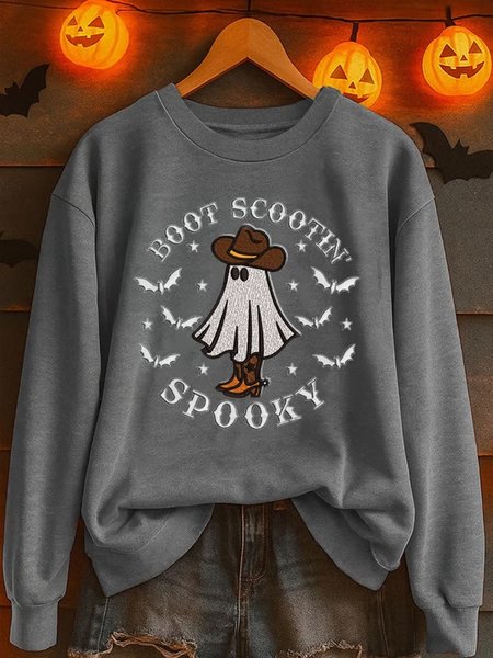 

Vintage Crew Neck Halloween Cute Ghost Print Sweatshirt, Gray, Hoodies & Sweatshirts