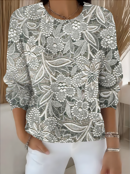 

Women Floral Long Sleeve Comfy Vintage Sweater, Silver gray, Hoodies & Sweatshirts