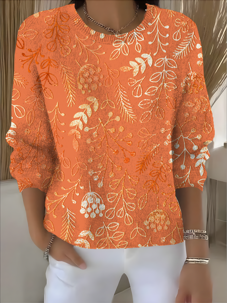 

Women Floral Long Sleeve Comfy Vintage Sweater, Orange, Sweaters