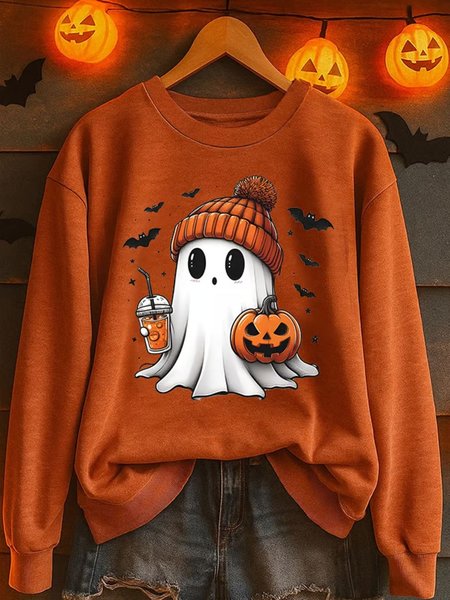 

Vintage Crew Neck Halloween Cute Ghost Print Sweatshirt, Orange, Hoodies & Sweatshirts